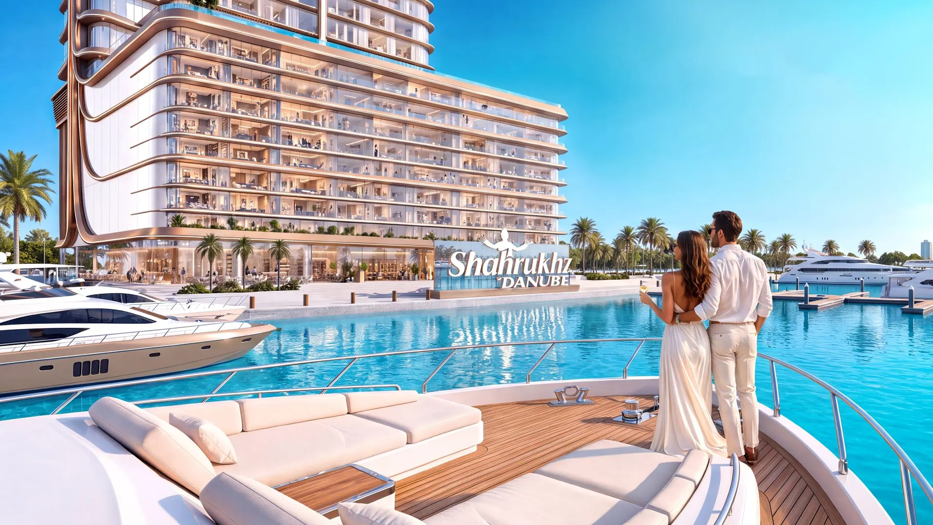 Exclusive resident yacht moored by the Shahrukhz Residences marina
